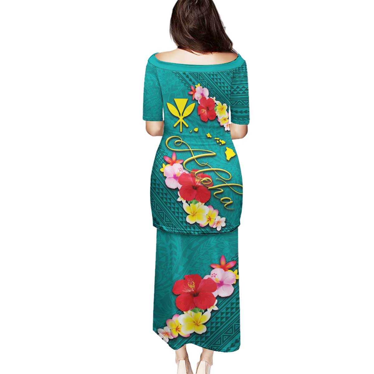 Aloha Kanaka Maoli Hawaii Flowers Family Matching Puletasi and Hawaiian Shirt With Polynesian Pattern Teal Color LT03 - Polynesian Pride