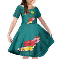 Aloha Kanaka Maoli Hawaii Flowers Family Matching Short Sleeve Bodycon Dress and Hawaiian Shirt With Polynesian Pattern Teal Color LT03 Daughter's Dress Teal - Polynesian Pride