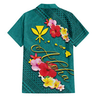 Aloha Kanaka Maoli Hawaii Flowers Family Matching Short Sleeve Bodycon Dress and Hawaiian Shirt With Polynesian Pattern Teal Color LT03 - Polynesian Pride