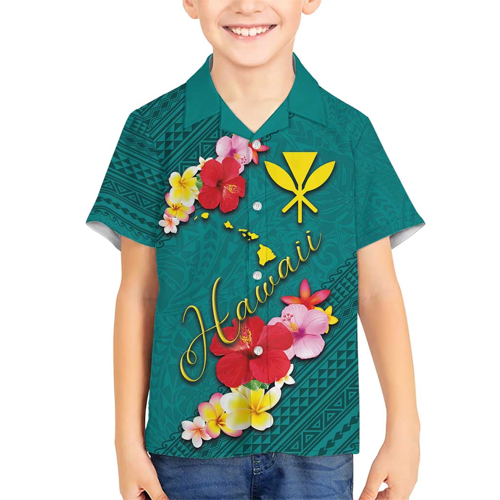 Aloha Kanaka Maoli Hawaii Flowers Family Matching Short Sleeve Bodycon Dress and Hawaiian Shirt With Polynesian Pattern Teal Color LT03 Son's Shirt Teal - Polynesian Pride