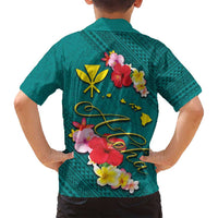 Aloha Kanaka Maoli Hawaii Flowers Family Matching Summer Maxi Dress and Hawaiian Shirt With Polynesian Pattern Teal Color LT03 - Polynesian Pride