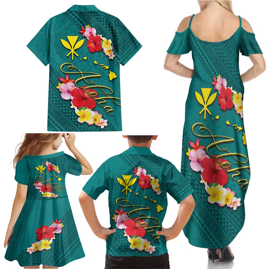 Aloha Kanaka Maoli Hawaii Flowers Family Matching Summer Maxi Dress and Hawaiian Shirt With Polynesian Pattern Teal Color LT03 - Polynesian Pride