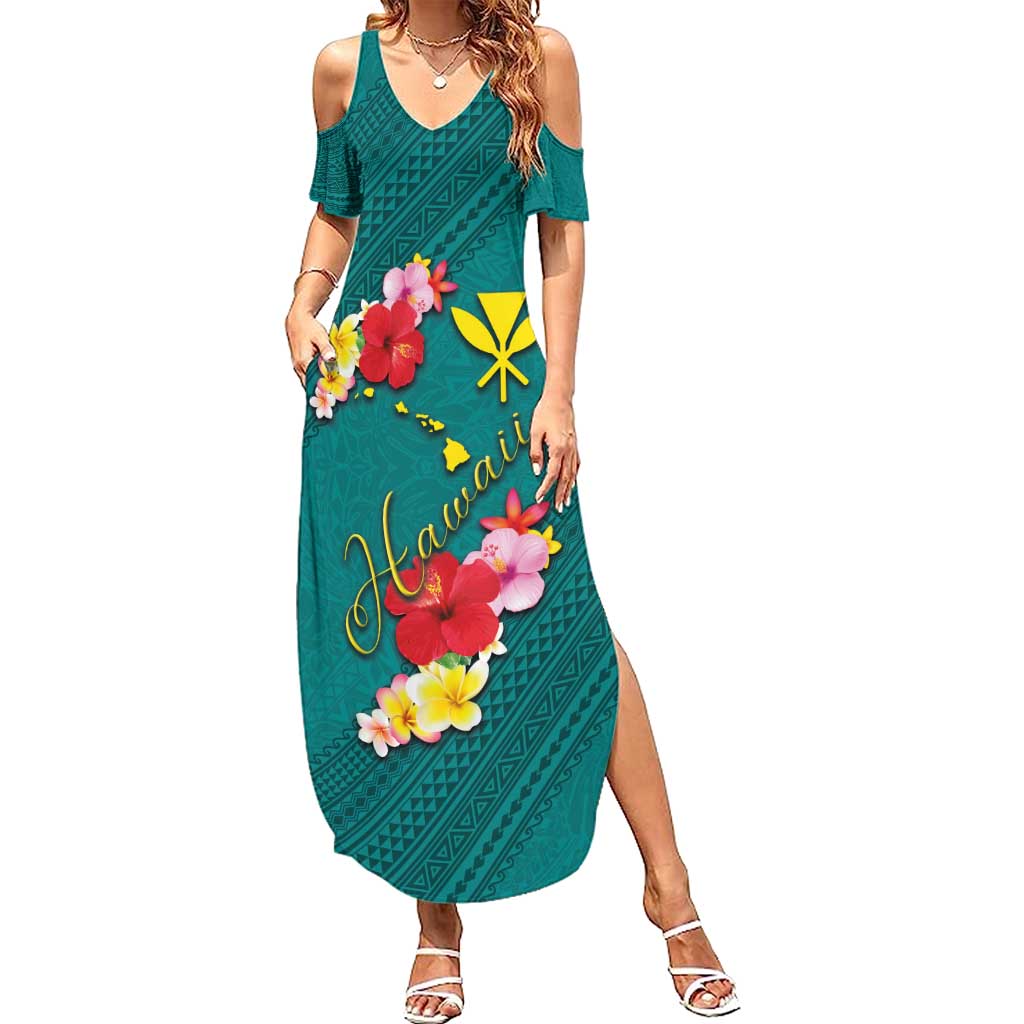 Aloha Kanaka Maoli Hawaii Flowers Family Matching Summer Maxi Dress and Hawaiian Shirt With Polynesian Pattern Teal Color LT03 Mom's Dress Teal - Polynesian Pride