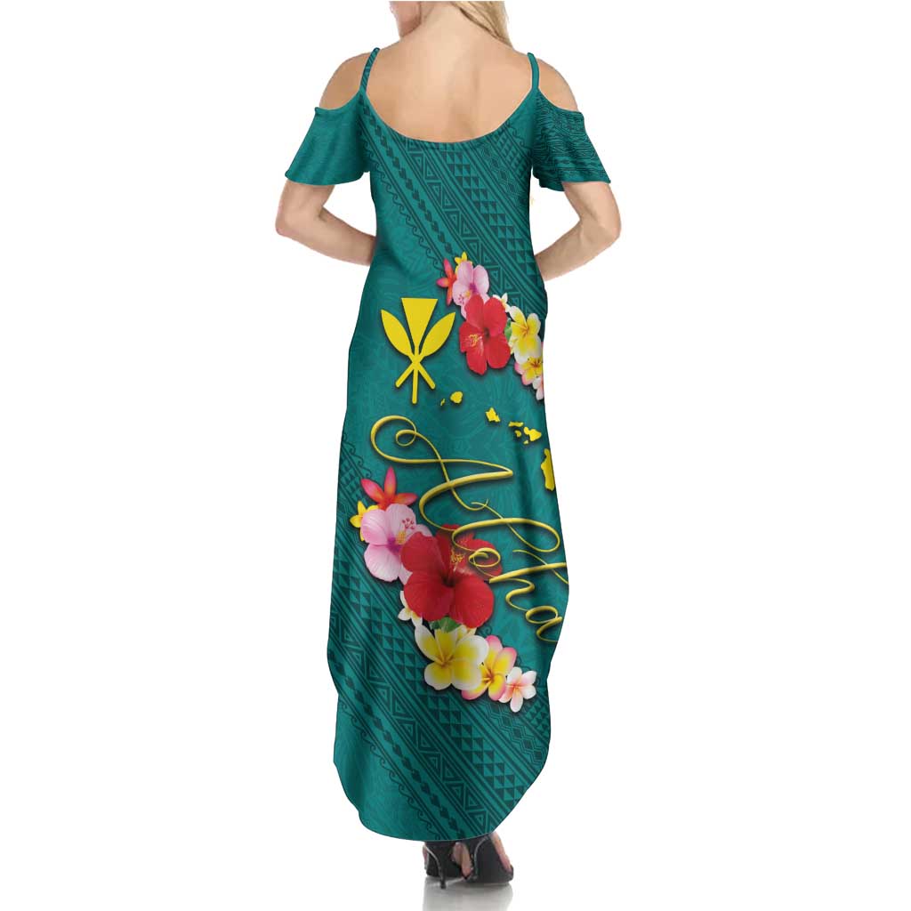 Aloha Kanaka Maoli Hawaii Flowers Family Matching Summer Maxi Dress and Hawaiian Shirt With Polynesian Pattern Teal Color LT03 - Polynesian Pride