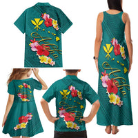 Aloha Kanaka Maoli Hawaii Flowers Family Matching Tank Maxi Dress and Hawaiian Shirt With Polynesian Pattern Teal Color LT03 - Polynesian Pride