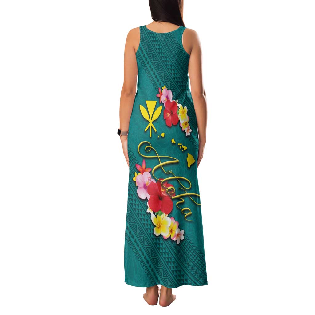 Aloha Kanaka Maoli Hawaii Flowers Family Matching Tank Maxi Dress and Hawaiian Shirt With Polynesian Pattern Teal Color LT03 - Polynesian Pride