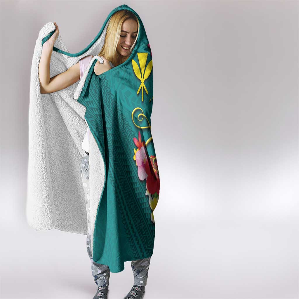 Aloha Kanaka Maoli Hawaii Flowers Hooded Blanket With Polynesian Pattern Teal Color LT03 - Polynesian Pride