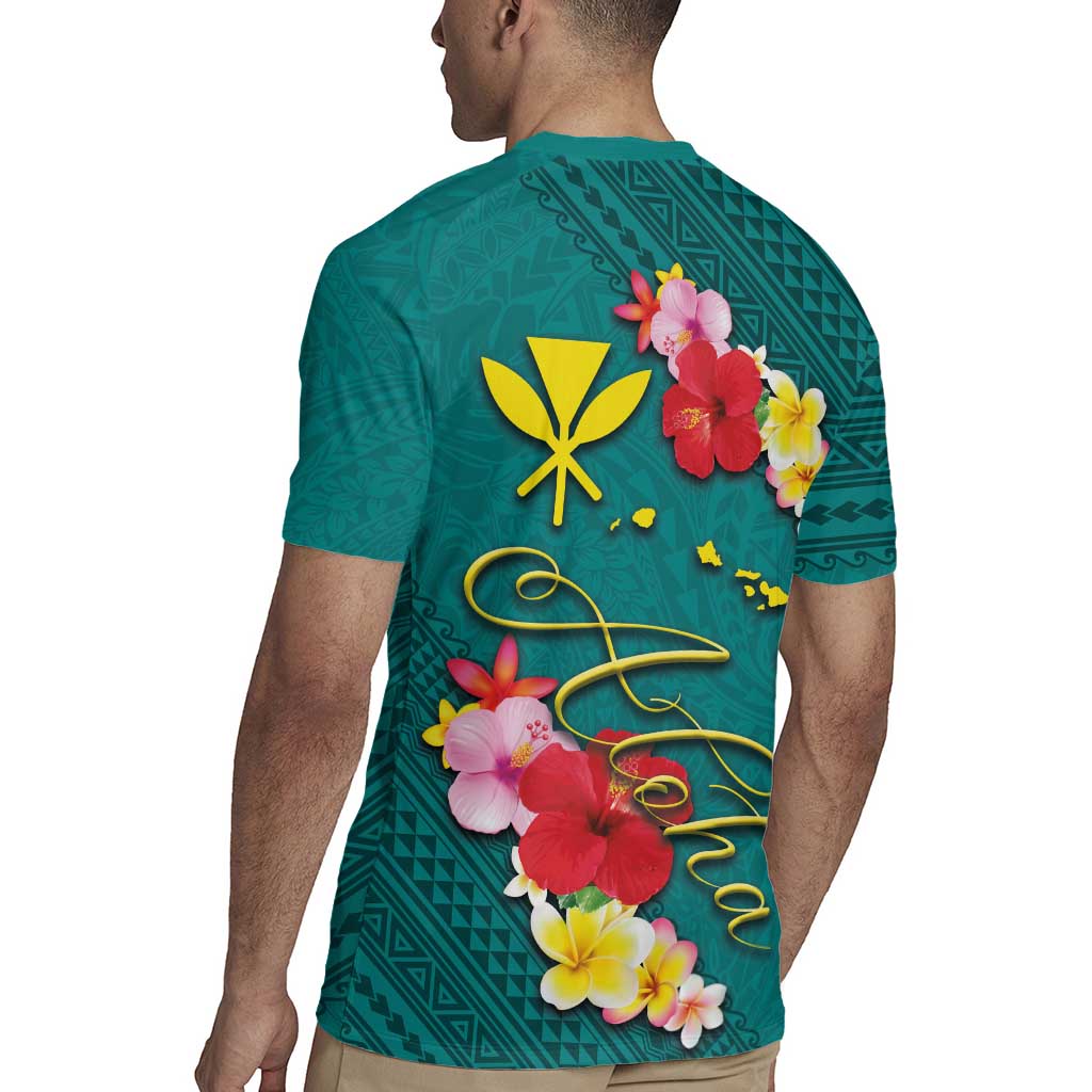 Aloha Kanaka Maoli Hawaii Flowers Rugby Jersey With Polynesian Pattern Teal Color