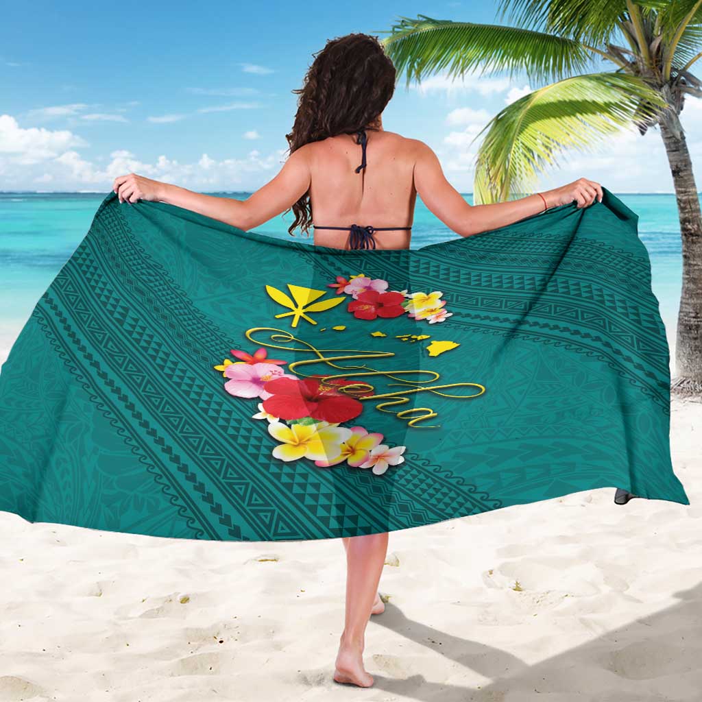 Aloha Kanaka Maoli Hawaii Flowers Sarong With Polynesian Pattern Teal Color