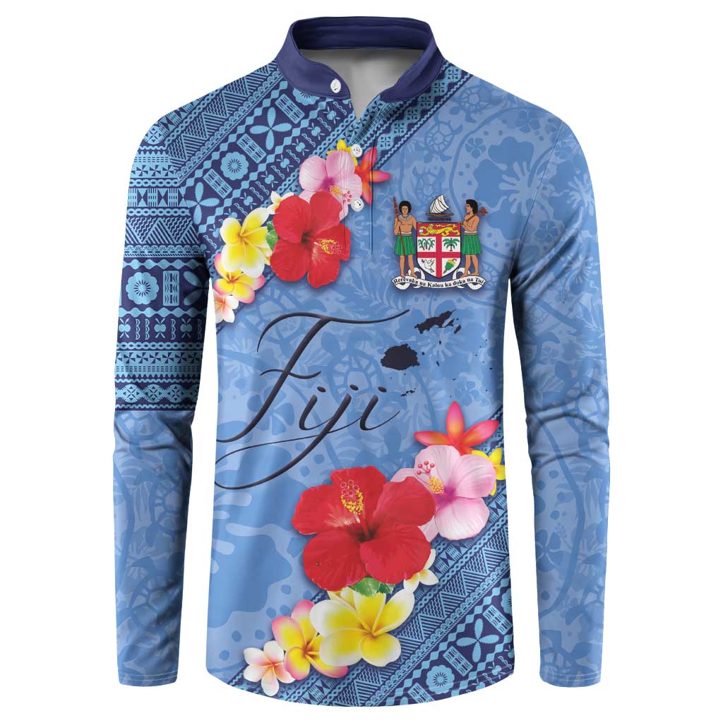 Bula Fiji Hibiscus and Plumeria Flowers Button Sweatshirt Tapa Tattoo Polynesian Pattern
