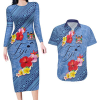 Bula Fiji Hibiscus and Plumeria Flowers Couples Matching Long Sleeve Bodycon Dress and Hawaiian Shirt Tapa Tattoo Polynesian Pattern LT03 Blue - Polynesian Pride