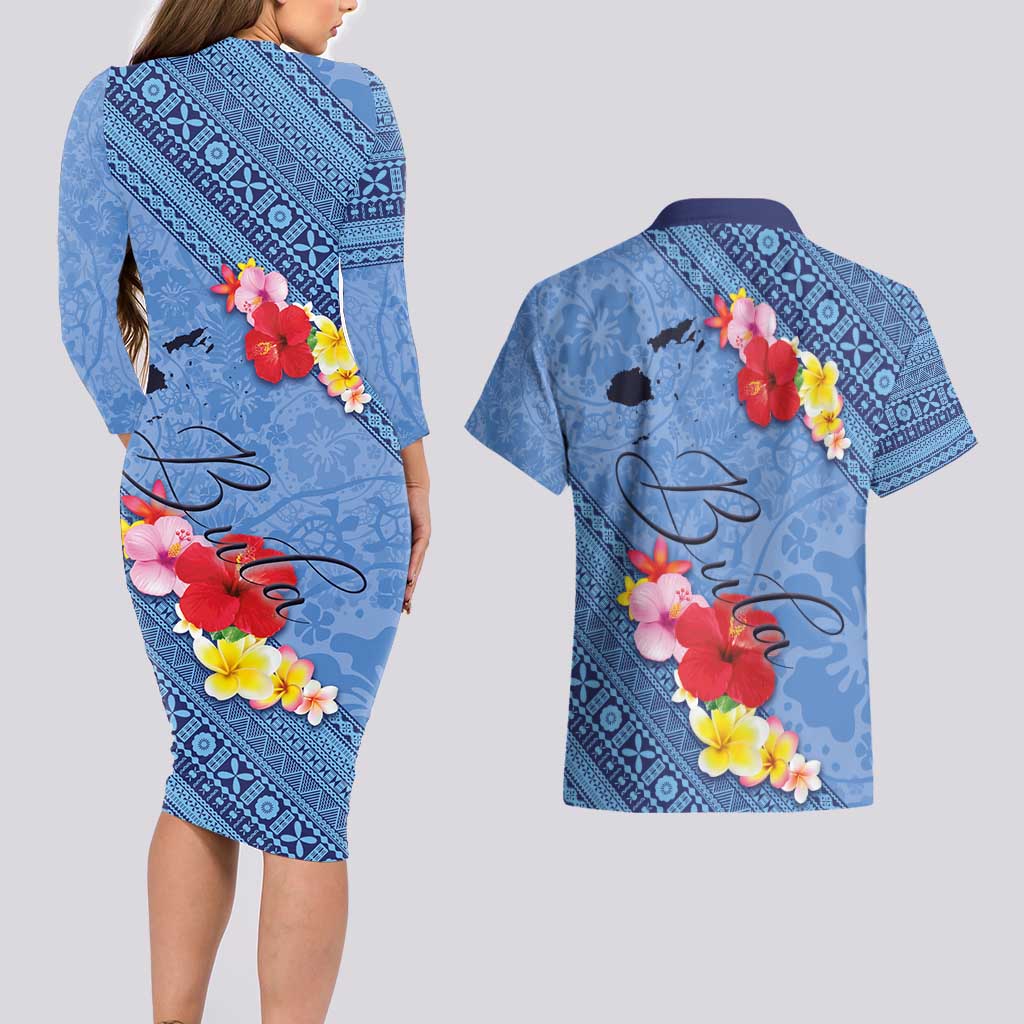 Bula Fiji Hibiscus and Plumeria Flowers Couples Matching Long Sleeve Bodycon Dress and Hawaiian Shirt Tapa Tattoo Polynesian Pattern LT03 - Polynesian Pride