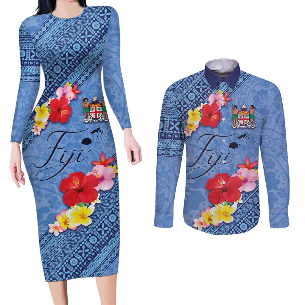 Bula Fiji Hibiscus and Plumeria Flowers Couples Matching Long Sleeve Bodycon Dress and Long Sleeve Button Shirt Tapa Tattoo Polynesian Pattern LT03 Blue - Polynesian Pride