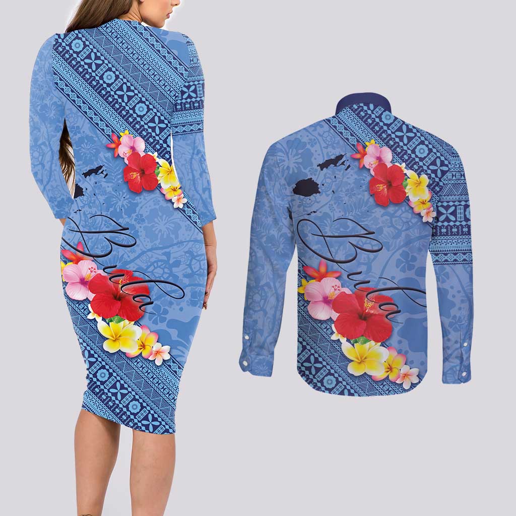 Bula Fiji Hibiscus and Plumeria Flowers Couples Matching Long Sleeve Bodycon Dress and Long Sleeve Button Shirt Tapa Tattoo Polynesian Pattern LT03 - Polynesian Pride