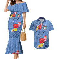 Bula Fiji Hibiscus and Plumeria Flowers Couples Matching Mermaid Dress and Hawaiian Shirt Tapa Tattoo Polynesian Pattern LT03 Blue - Polynesian Pride