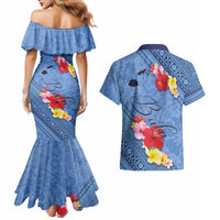 Bula Fiji Hibiscus and Plumeria Flowers Couples Matching Mermaid Dress and Hawaiian Shirt Tapa Tattoo Polynesian Pattern LT03 - Polynesian Pride