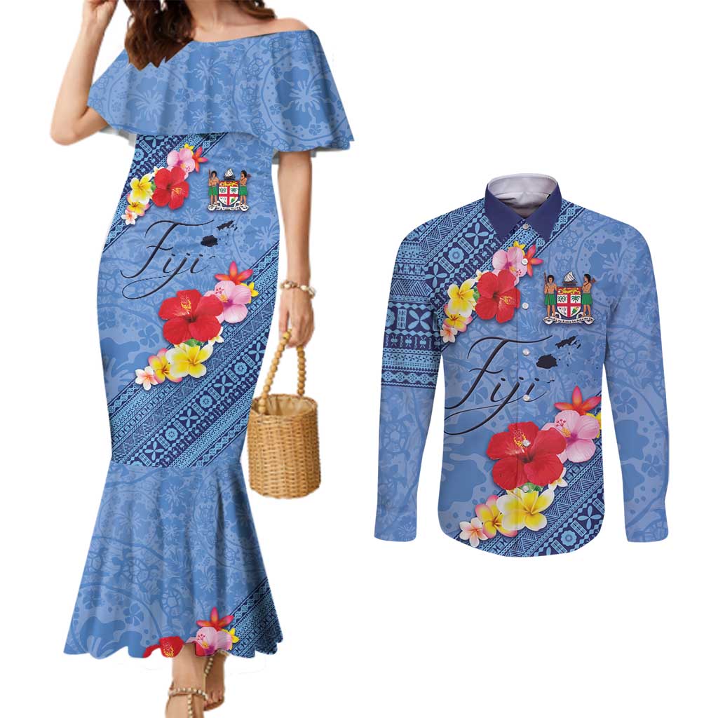Bula Fiji Hibiscus and Plumeria Flowers Couples Matching Mermaid Dress and Long Sleeve Button Shirt Tapa Tattoo Polynesian Pattern LT03 Blue - Polynesian Pride