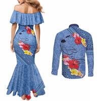Bula Fiji Hibiscus and Plumeria Flowers Couples Matching Mermaid Dress and Long Sleeve Button Shirt Tapa Tattoo Polynesian Pattern LT03 - Polynesian Pride