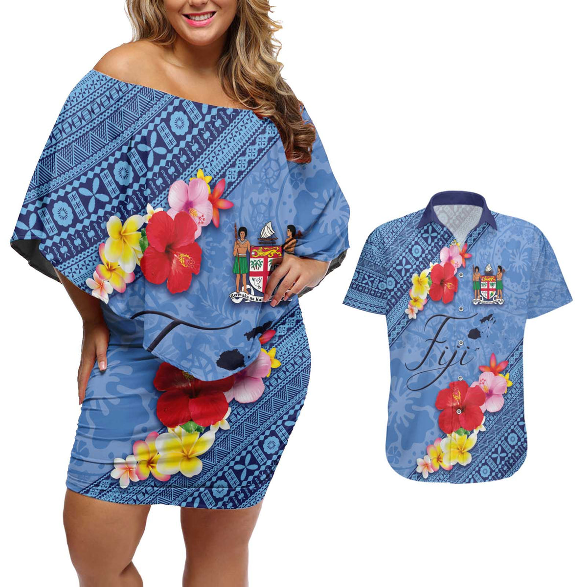 Bula Fiji Hibiscus and Plumeria Flowers Couples Matching Off Shoulder Short Dress and Hawaiian Shirt Tapa Tattoo Polynesian Pattern LT03 Blue - Polynesian Pride