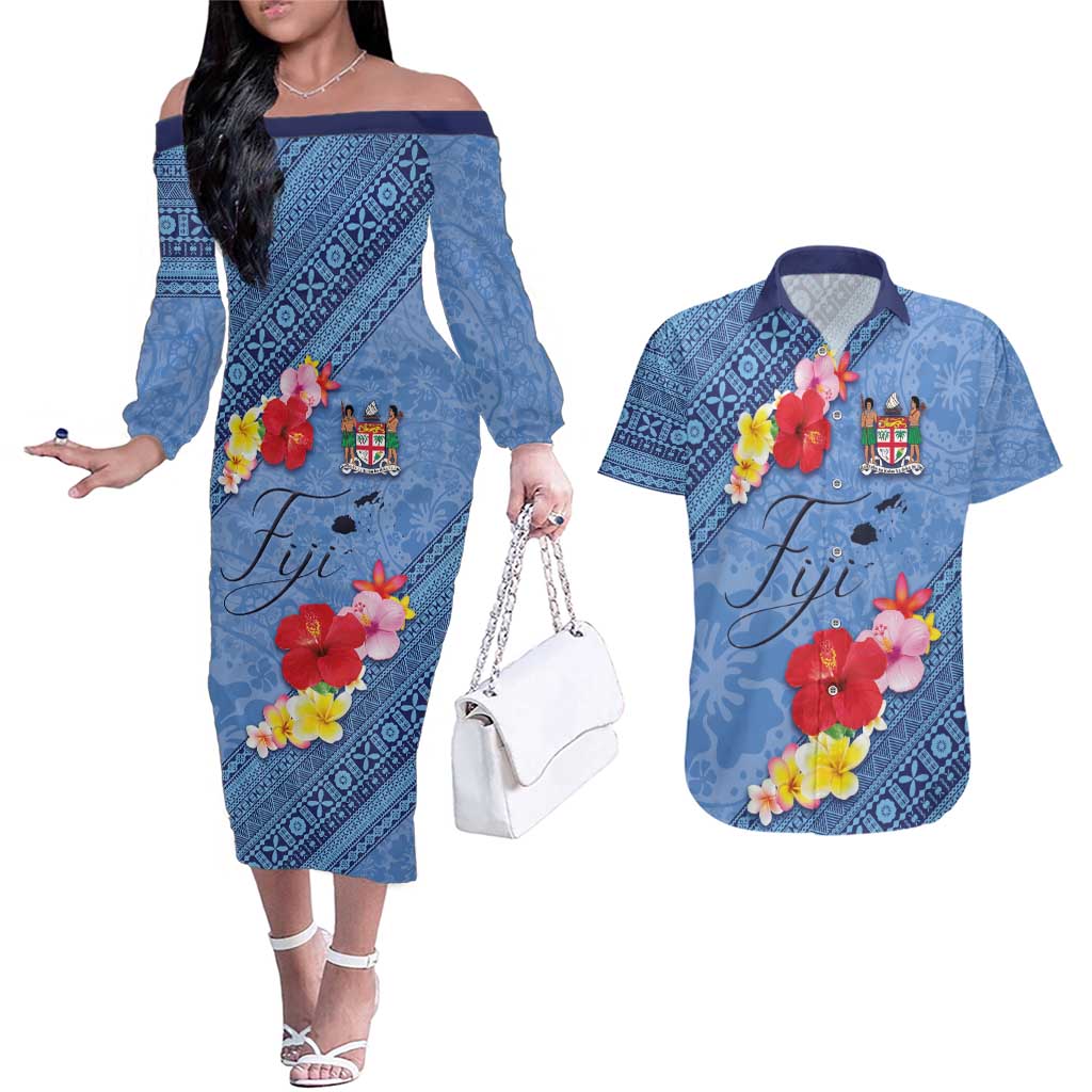 Bula Fiji Hibiscus and Plumeria Flowers Couples Matching Off The Shoulder Long Sleeve Dress and Hawaiian Shirt Tapa Tattoo Polynesian Pattern LT03 Blue - Polynesian Pride