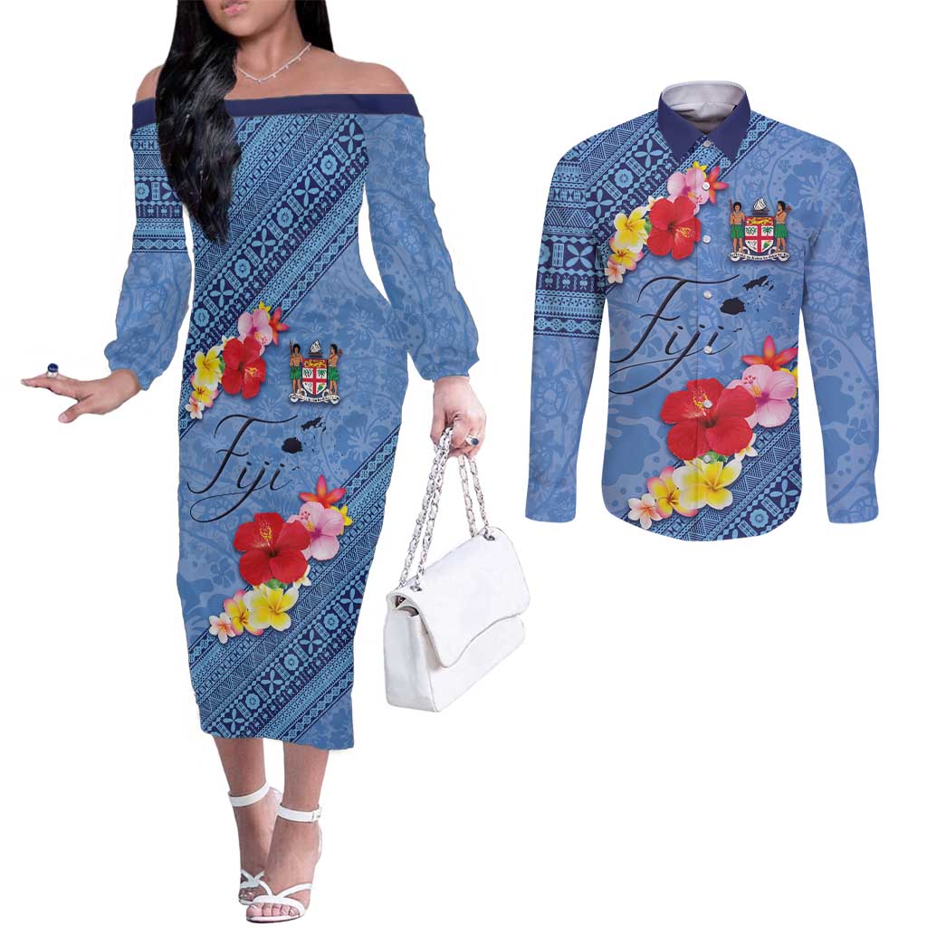 Bula Fiji Hibiscus and Plumeria Flowers Couples Matching Off The Shoulder Long Sleeve Dress and Long Sleeve Button Shirt Tapa Tattoo Polynesian Pattern LT03 Blue - Polynesian Pride