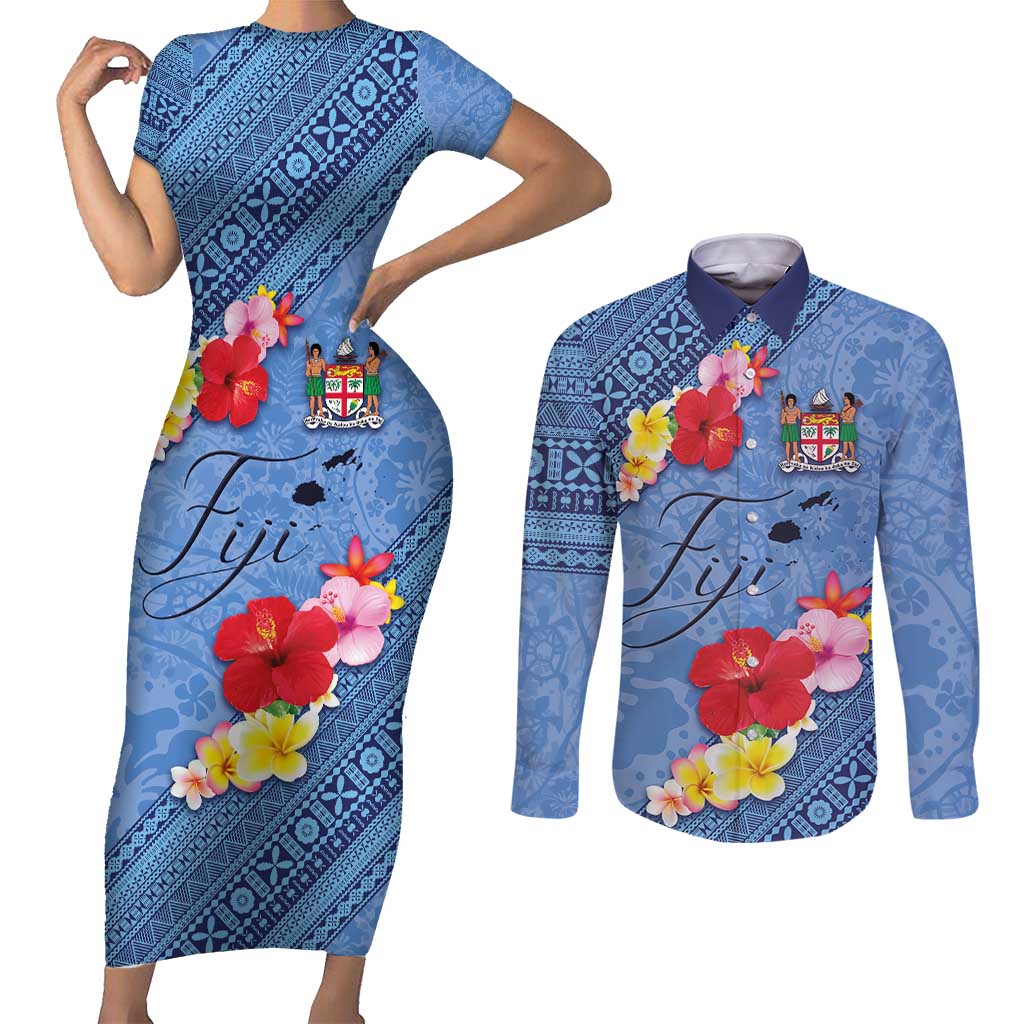 Bula Fiji Hibiscus and Plumeria Flowers Couples Matching Short Sleeve Bodycon Dress and Long Sleeve Button Shirt Tapa Tattoo Polynesian Pattern LT03 Blue - Polynesian Pride