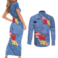 Bula Fiji Hibiscus and Plumeria Flowers Couples Matching Short Sleeve Bodycon Dress and Long Sleeve Button Shirt Tapa Tattoo Polynesian Pattern LT03 - Polynesian Pride