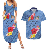 Bula Fiji Hibiscus and Plumeria Flowers Couples Matching Summer Maxi Dress and Hawaiian Shirt Tapa Tattoo Polynesian Pattern LT03 Blue - Polynesian Pride