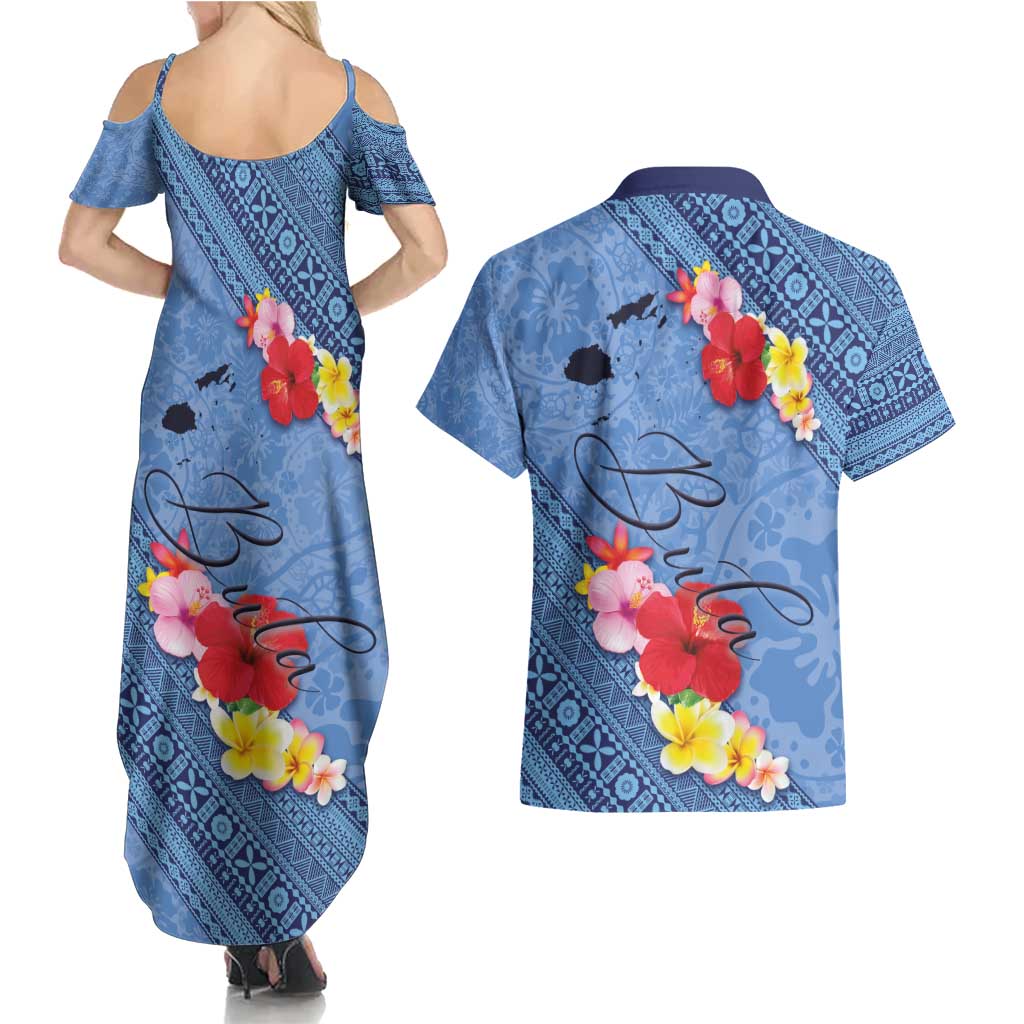 Bula Fiji Hibiscus and Plumeria Flowers Couples Matching Summer Maxi Dress and Hawaiian Shirt Tapa Tattoo Polynesian Pattern LT03 - Polynesian Pride