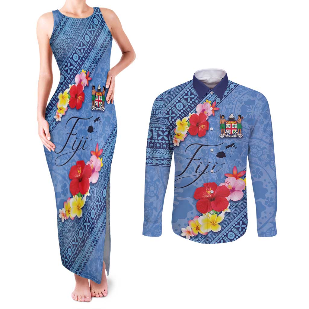 Bula Fiji Hibiscus and Plumeria Flowers Couples Matching Tank Maxi Dress and Long Sleeve Button Shirt Tapa Tattoo Polynesian Pattern