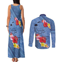 Bula Fiji Hibiscus and Plumeria Flowers Couples Matching Tank Maxi Dress and Long Sleeve Button Shirt Tapa Tattoo Polynesian Pattern LT03 - Polynesian Pride