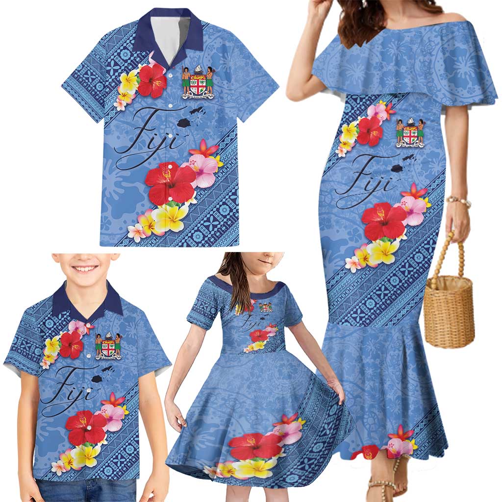 Bula Fiji Hibiscus and Plumeria Flowers Family Matching Mermaid Dress and Hawaiian Shirt Tapa Tattoo Polynesian Pattern LT03 - Polynesian Pride