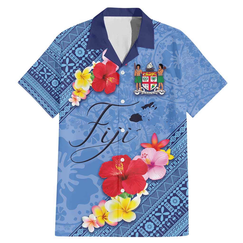 Bula Fiji Hibiscus and Plumeria Flowers Family Matching Mermaid Dress and Hawaiian Shirt Tapa Tattoo Polynesian Pattern LT03 Dad's Shirt - Short Sleeve Blue - Polynesian Pride