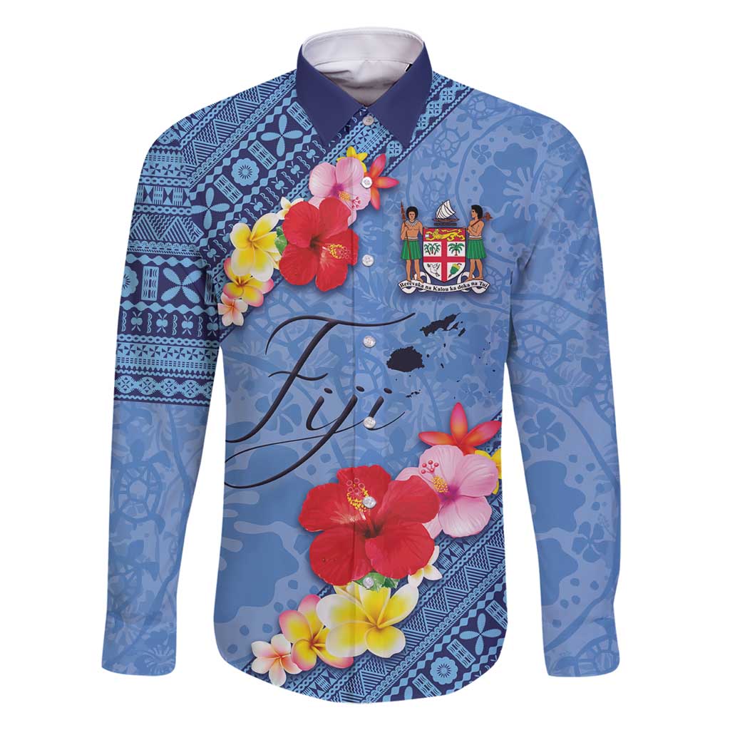 Bula Fiji Hibiscus and Plumeria Flowers Family Matching Mermaid Dress and Hawaiian Shirt Tapa Tattoo Polynesian Pattern LT03 Dad's Shirt - Long Sleeve Blue - Polynesian Pride