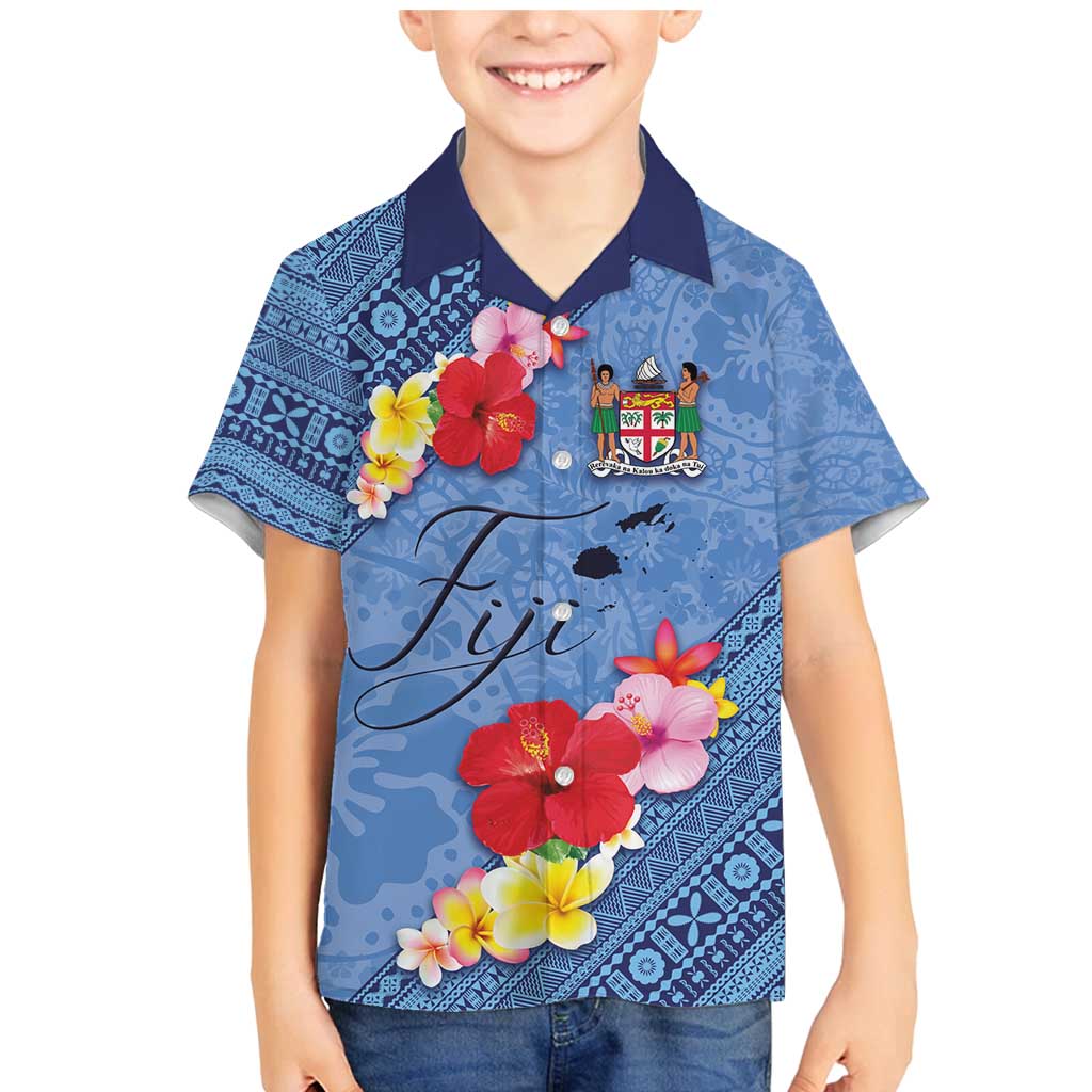 Bula Fiji Hibiscus and Plumeria Flowers Family Matching Mermaid Dress and Hawaiian Shirt Tapa Tattoo Polynesian Pattern LT03 Son's Shirt Blue - Polynesian Pride