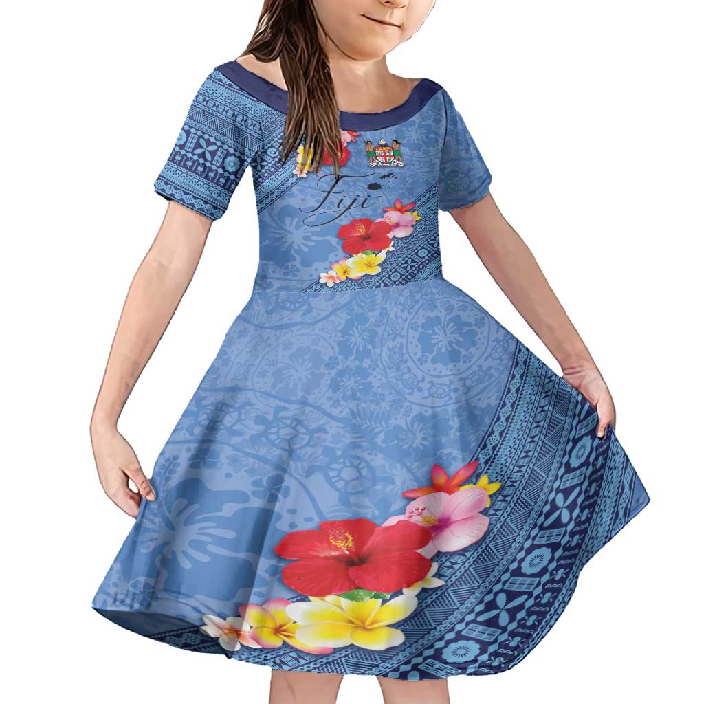 Bula Fiji Hibiscus and Plumeria Flowers Family Matching Off Shoulder Maxi Dress and Hawaiian Shirt Tapa Tattoo Polynesian Pattern LT03 Daughter's Dress Blue - Polynesian Pride