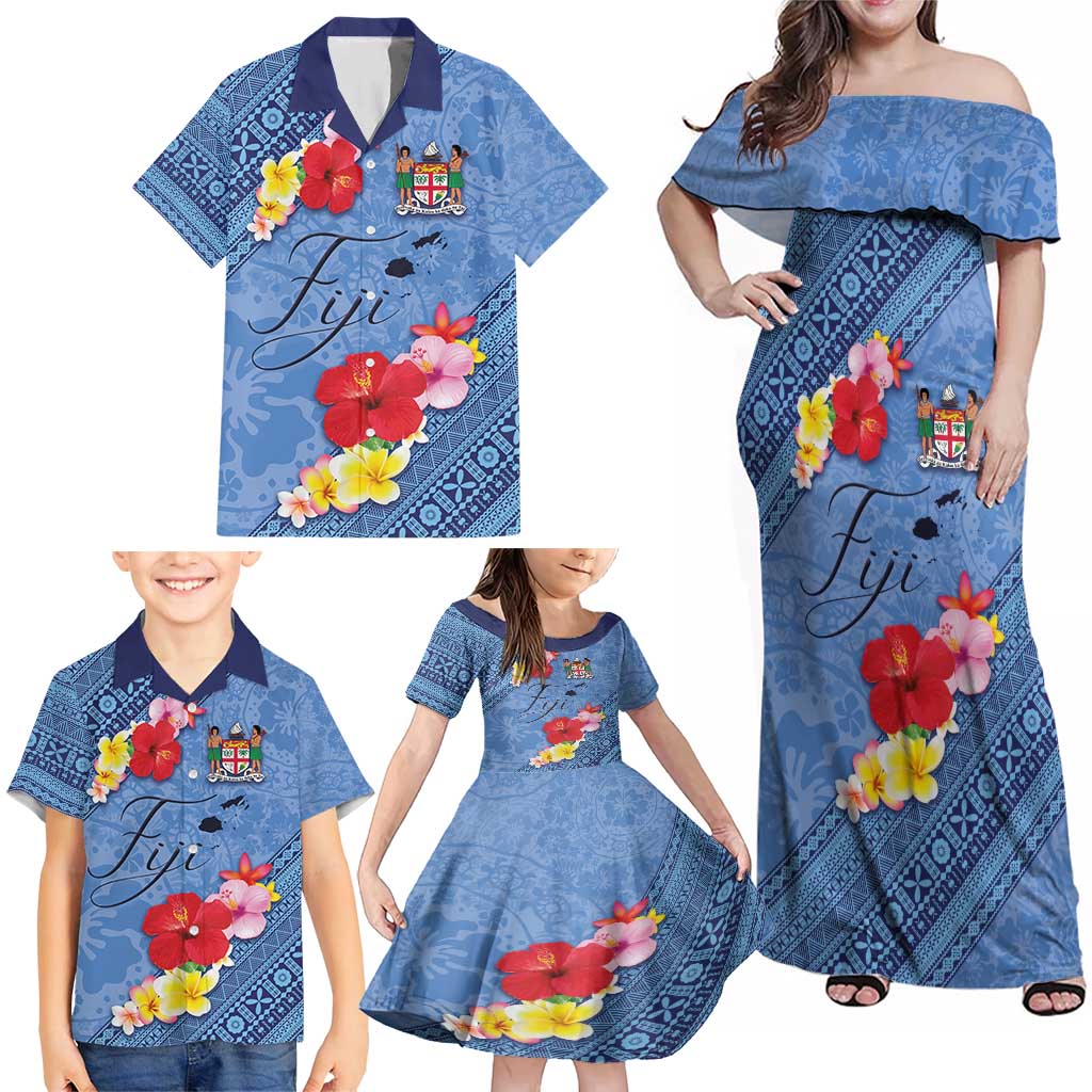 Bula Fiji Hibiscus and Plumeria Flowers Family Matching Off Shoulder Maxi Dress and Hawaiian Shirt Tapa Tattoo Polynesian Pattern LT03 - Polynesian Pride