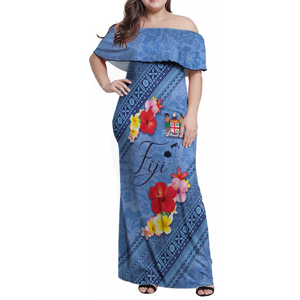 Bula Fiji Hibiscus and Plumeria Flowers Family Matching Off Shoulder Maxi Dress and Hawaiian Shirt Tapa Tattoo Polynesian Pattern LT03 Mom's Dress Blue - Polynesian Pride