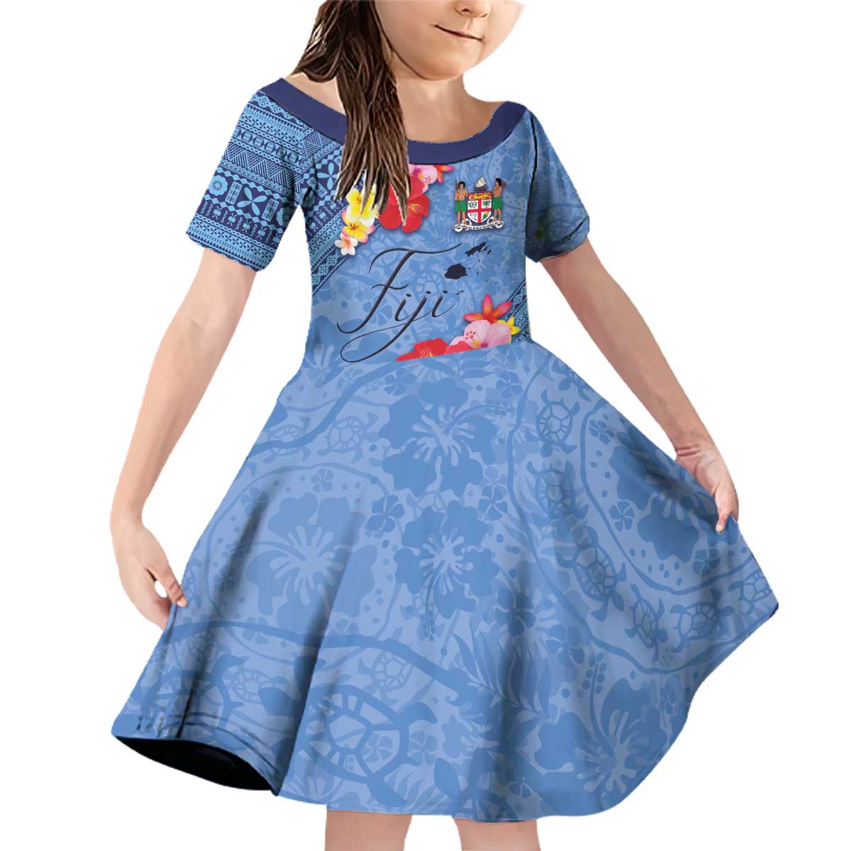 Bula Fiji Hibiscus and Plumeria Flowers Family Matching Off Shoulder Short Dress and Hawaiian Shirt Tapa Tattoo Polynesian Pattern LT03 Daughter's Dress Blue - Polynesian Pride