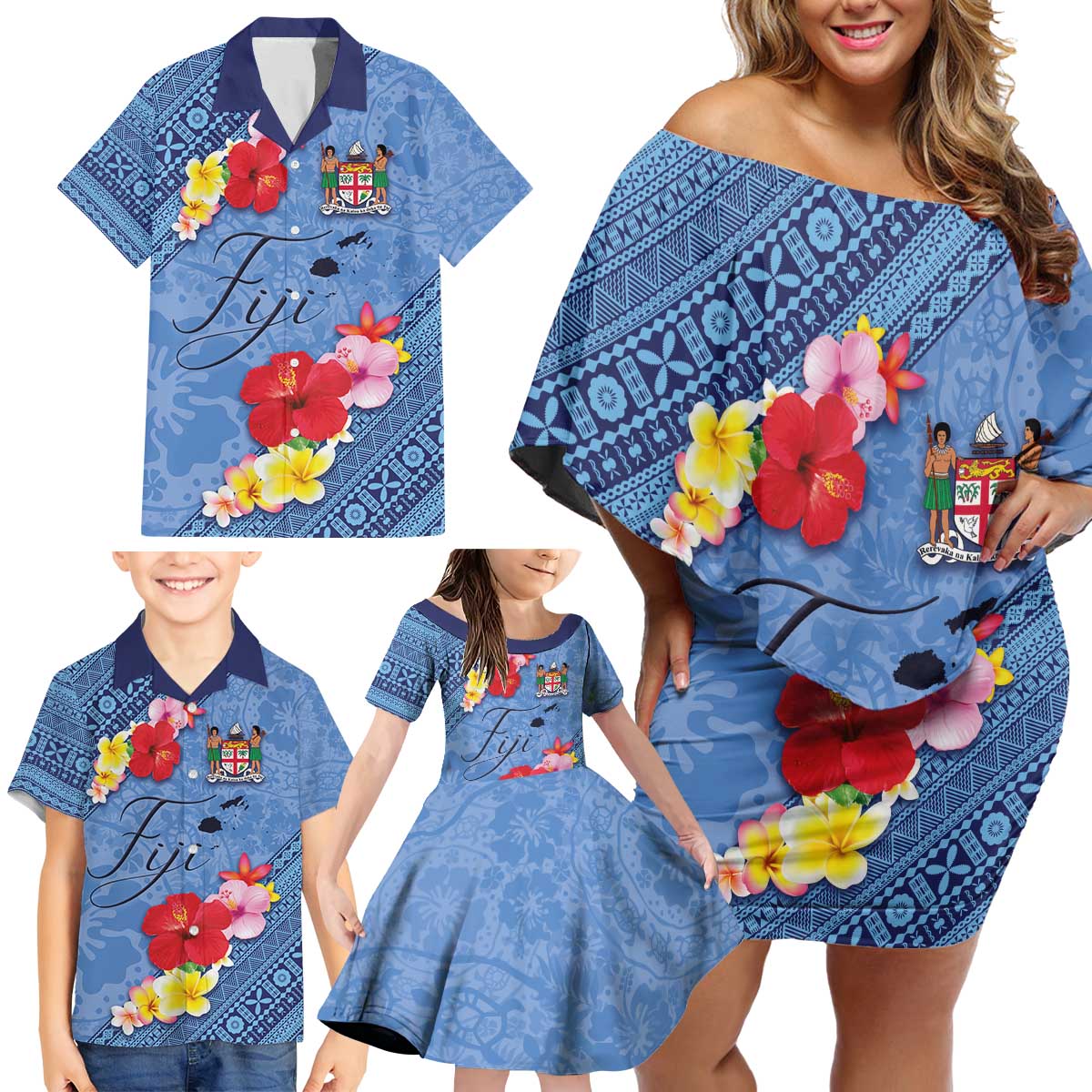 Bula Fiji Hibiscus and Plumeria Flowers Family Matching Off Shoulder Short Dress and Hawaiian Shirt Tapa Tattoo Polynesian Pattern LT03 - Polynesian Pride
