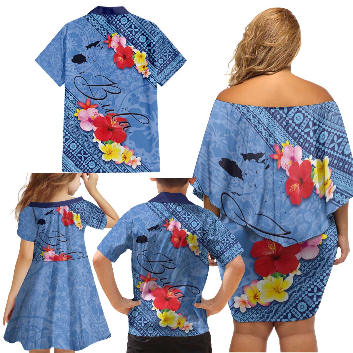 Bula Fiji Hibiscus and Plumeria Flowers Family Matching Off Shoulder Short Dress and Hawaiian Shirt Tapa Tattoo Polynesian Pattern LT03 - Polynesian Pride