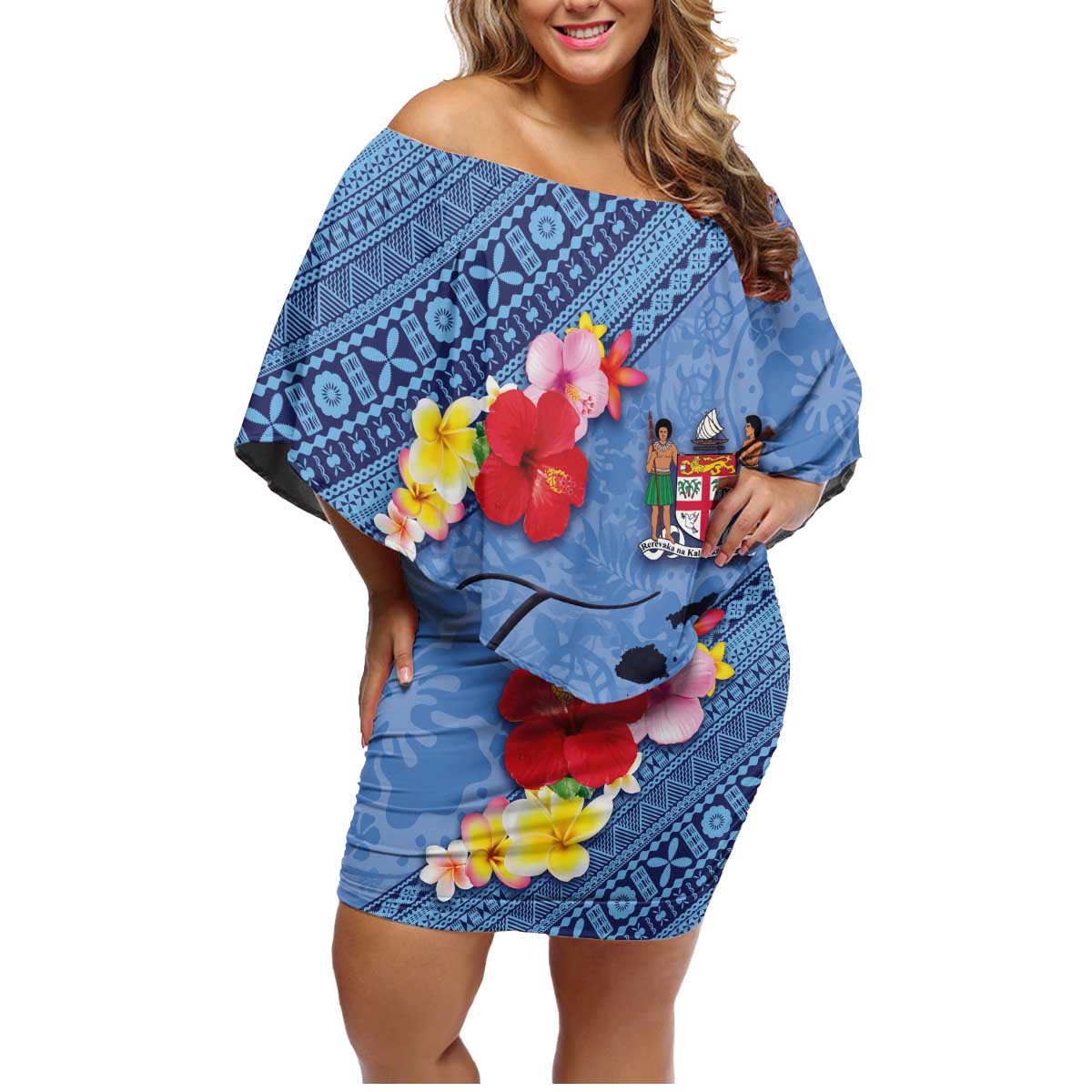Bula Fiji Hibiscus and Plumeria Flowers Family Matching Off Shoulder Short Dress and Hawaiian Shirt Tapa Tattoo Polynesian Pattern LT03 Mom's Dress Blue - Polynesian Pride