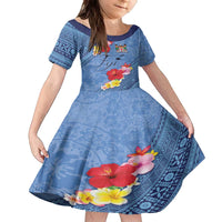 Bula Fiji Hibiscus and Plumeria Flowers Family Matching Puletasi and Hawaiian Shirt Tapa Tattoo Polynesian Pattern LT03 Daughter's Dress Blue - Polynesian Pride