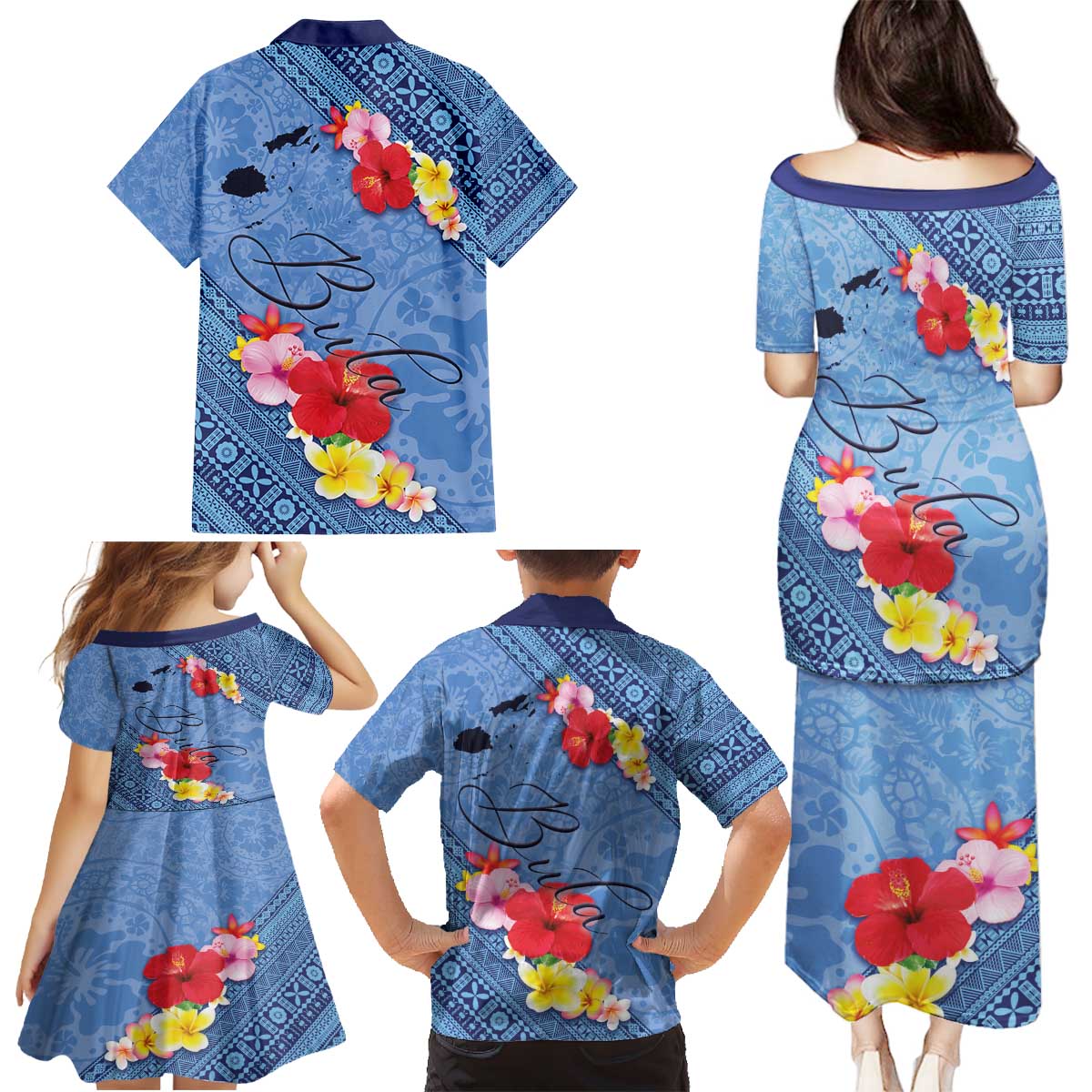 Bula Fiji Hibiscus and Plumeria Flowers Family Matching Puletasi and Hawaiian Shirt Tapa Tattoo Polynesian Pattern LT03 - Polynesian Pride