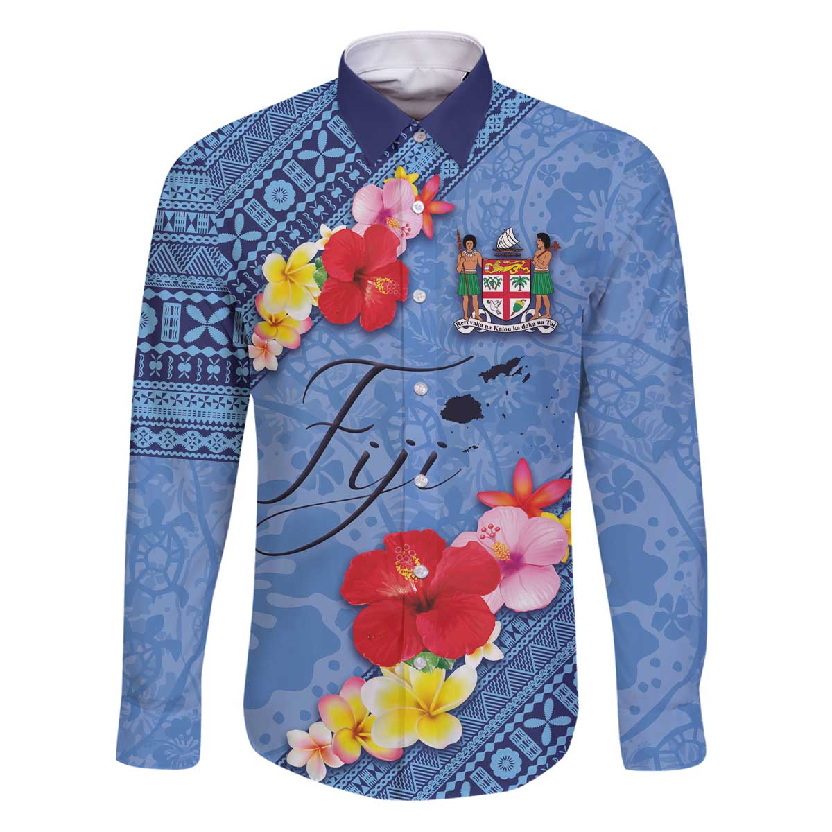 Bula Fiji Hibiscus and Plumeria Flowers Family Matching Puletasi and Hawaiian Shirt Tapa Tattoo Polynesian Pattern LT03 Dad's Shirt - Long Sleeve Blue - Polynesian Pride