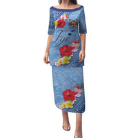 Bula Fiji Hibiscus and Plumeria Flowers Family Matching Puletasi and Hawaiian Shirt Tapa Tattoo Polynesian Pattern LT03 Mom's Dress Blue - Polynesian Pride