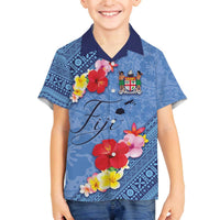 Bula Fiji Hibiscus and Plumeria Flowers Family Matching Puletasi and Hawaiian Shirt Tapa Tattoo Polynesian Pattern LT03 Son's Shirt Blue - Polynesian Pride