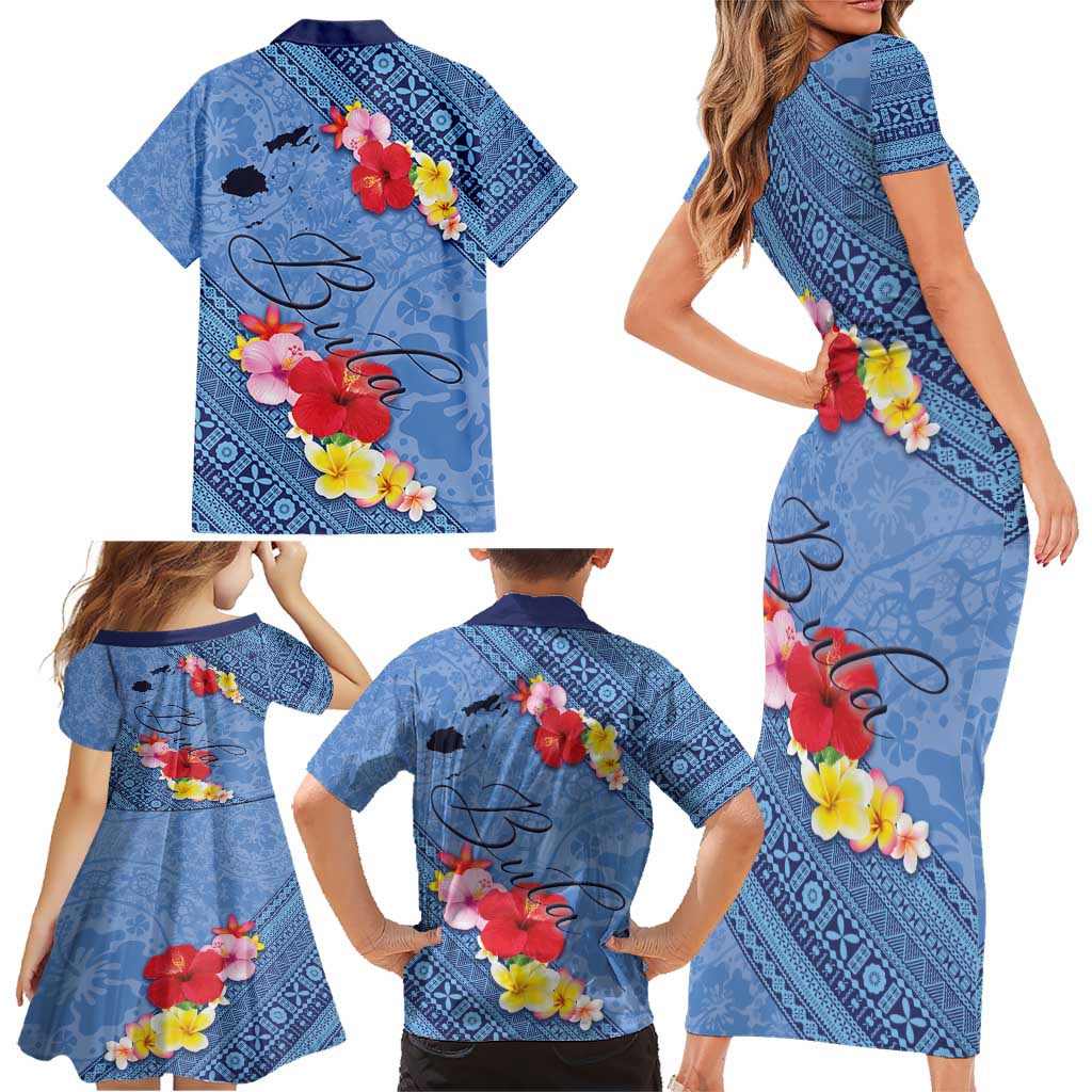 Bula Fiji Hibiscus and Plumeria Flowers Family Matching Short Sleeve Bodycon Dress and Hawaiian Shirt Tapa Tattoo Polynesian Pattern LT03 - Polynesian Pride