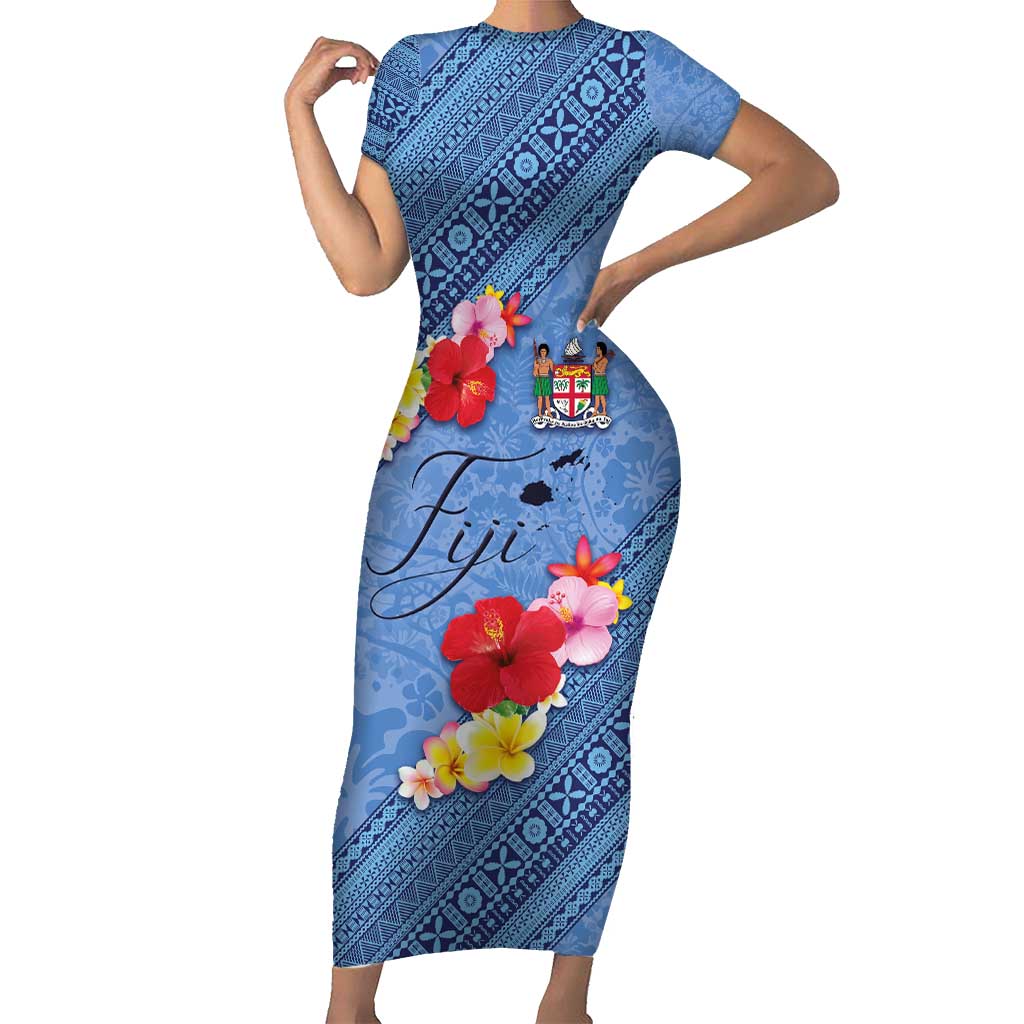 Bula Fiji Hibiscus and Plumeria Flowers Family Matching Short Sleeve Bodycon Dress and Hawaiian Shirt Tapa Tattoo Polynesian Pattern LT03 Mom's Dress Blue - Polynesian Pride