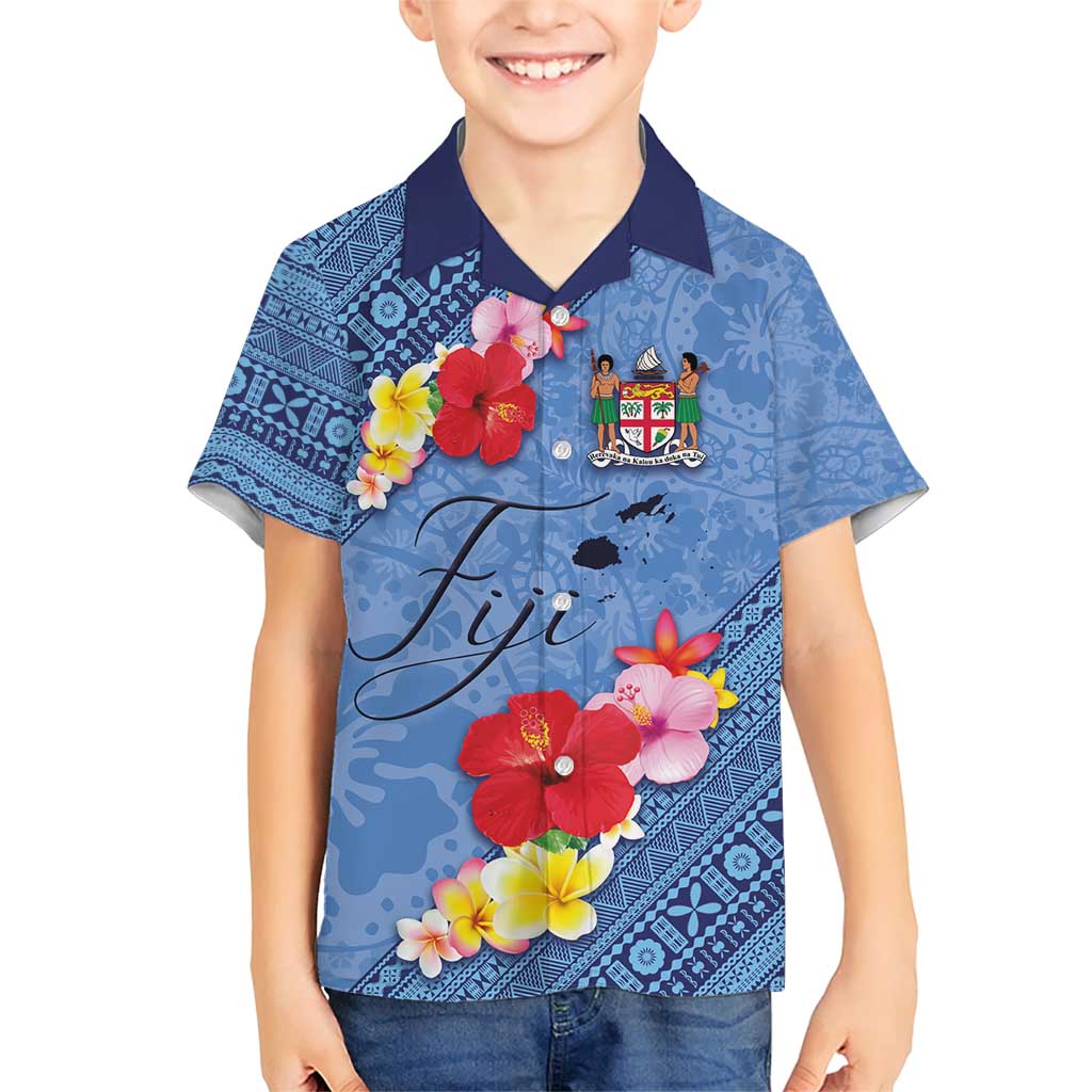 Bula Fiji Hibiscus and Plumeria Flowers Family Matching Short Sleeve Bodycon Dress and Hawaiian Shirt Tapa Tattoo Polynesian Pattern LT03 Son's Shirt Blue - Polynesian Pride